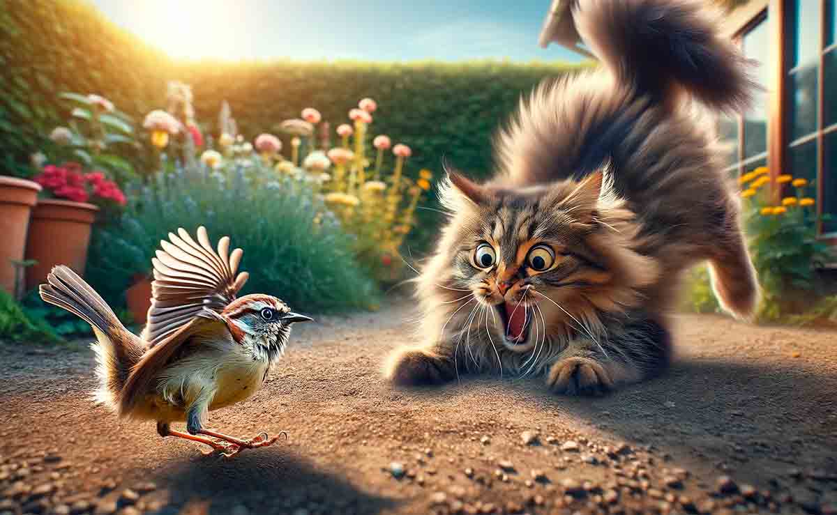 Wideo: Ptak 'zmartwychwstaje' i prawie powoduje zawał u kota