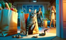 Gato salva vida dos donos ao avisar que uma cobra estava escondida nas sacolas de compras. Ilustração: Condutta