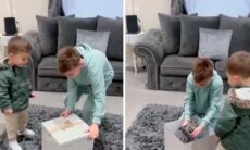 Vídeo comovente mostra menino às lágrimas ao receber filhote de cachorro de presente. X @dogdistrictctr