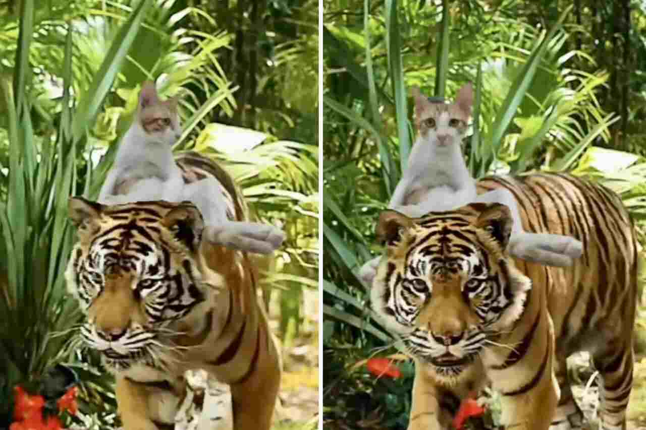 Gato folgado viaja de carona nas costas de tigre em vídeo hilário
