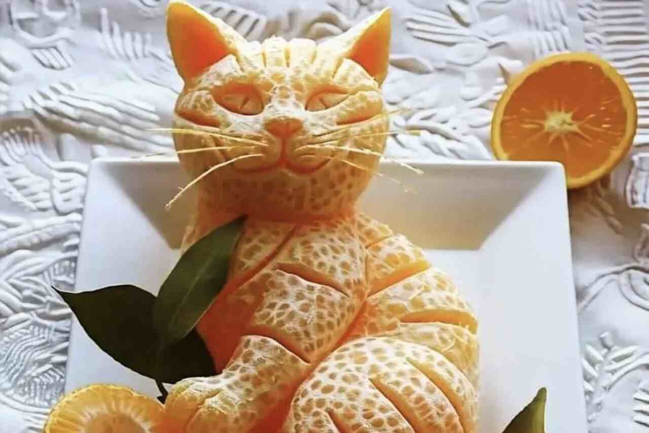 Man använder frukt och växtlighet för att skapa imponerande skulpturer av katter