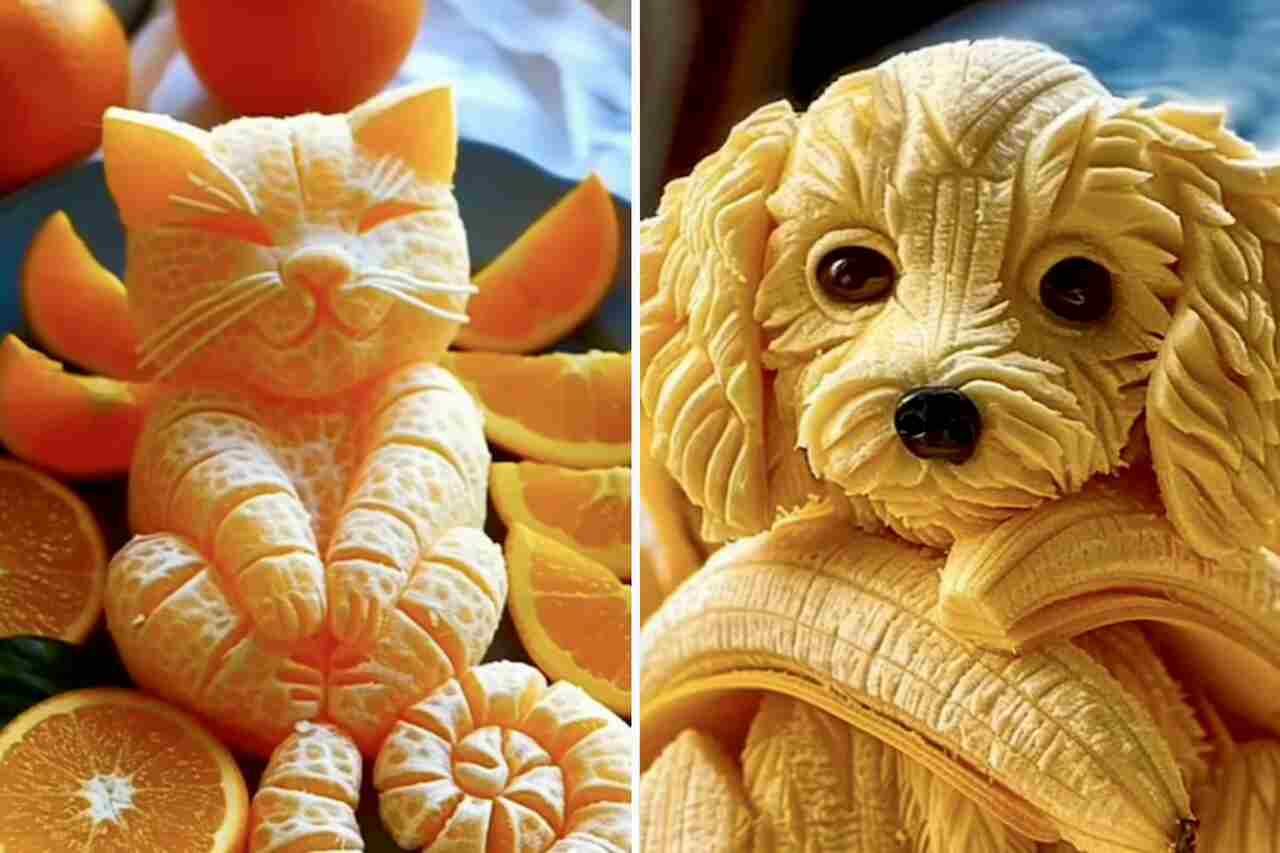 Video shows a collection of animal sculptures made with fruits
