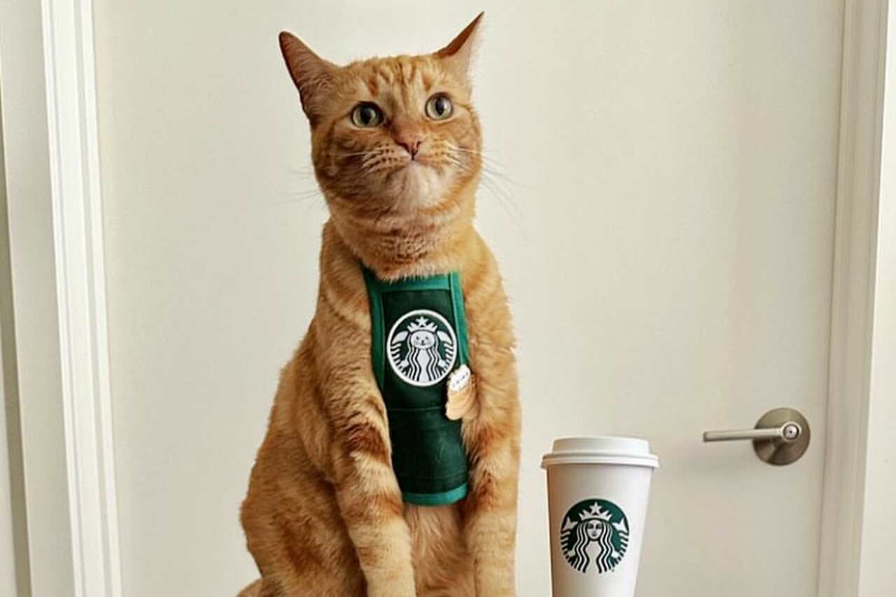 Coppia spende quasi 20.000 dollari per vestire il loro gatto come barista di Starbucks