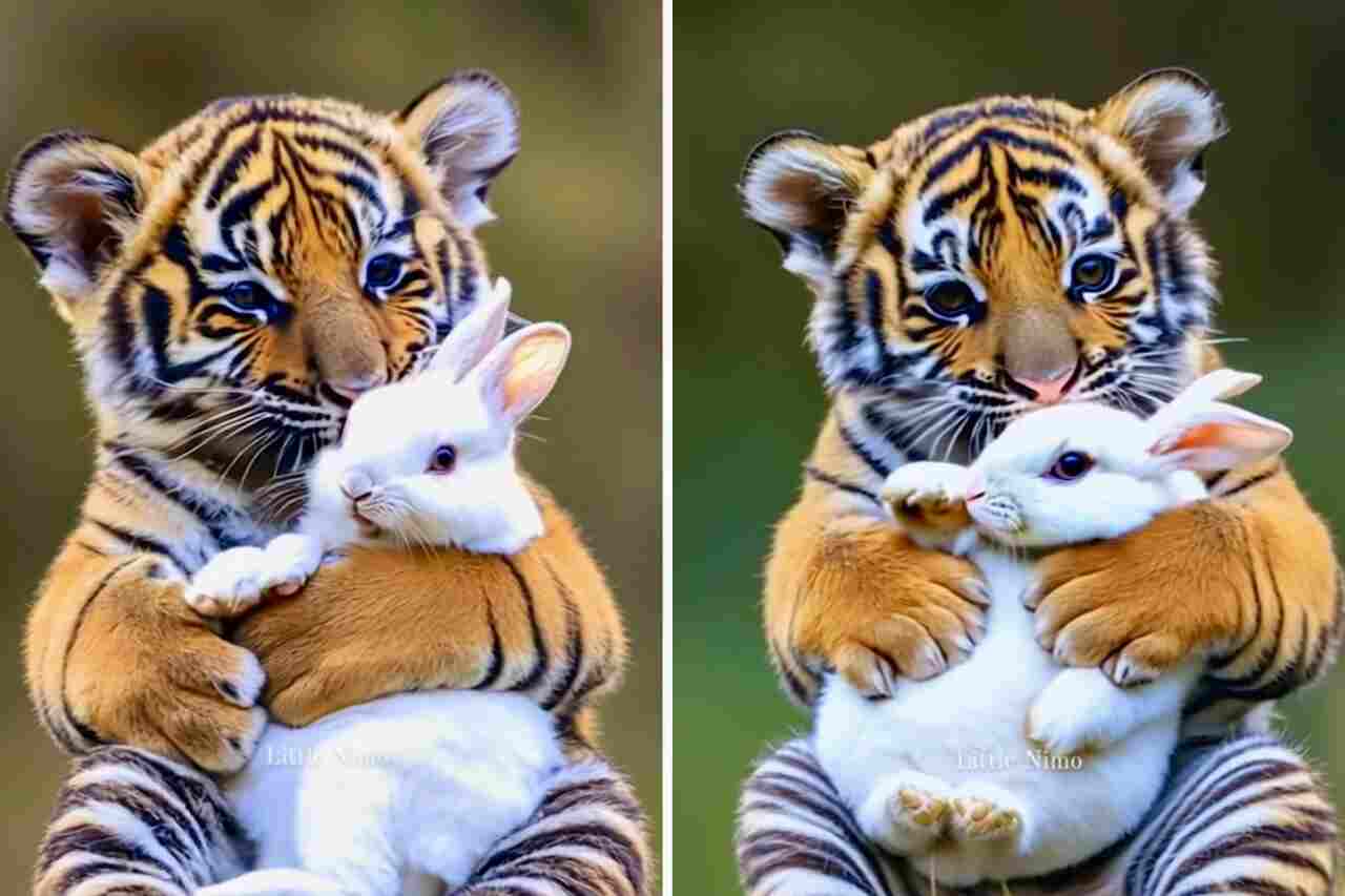 Video carino cattura l'amicizia tra un tigrotto e un coniglio