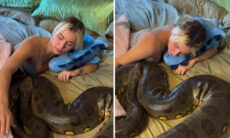 Vídeo impressionante registra mulher se preparando para dormir com cobra gigantesca