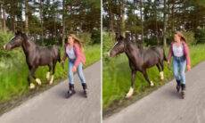 Vídeo fofo mostra patinadora e cavalo desfilando pelo campo