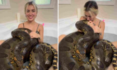 Vídeo impressionante registra mulher na banheira com cobra monstruosa